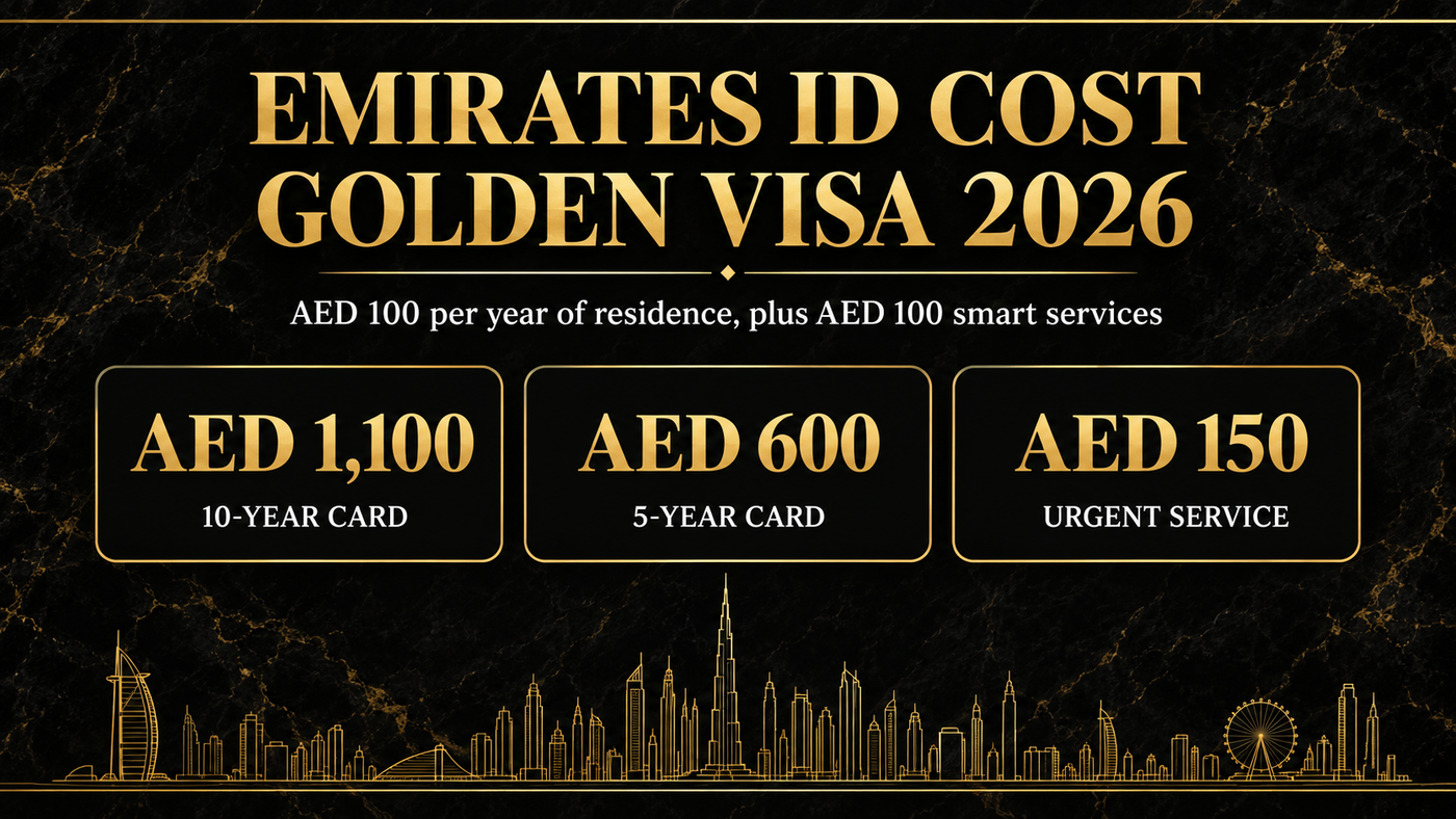 Black and gold infographic titled Emirates ID Cost Golden Visa 2026, reading AED 100 per year of residence plus AED 100 smart services, above three cards showing AED 1,100 for a 10-year card, AED 600 for a 5-year card and AED 150 for urgent service.