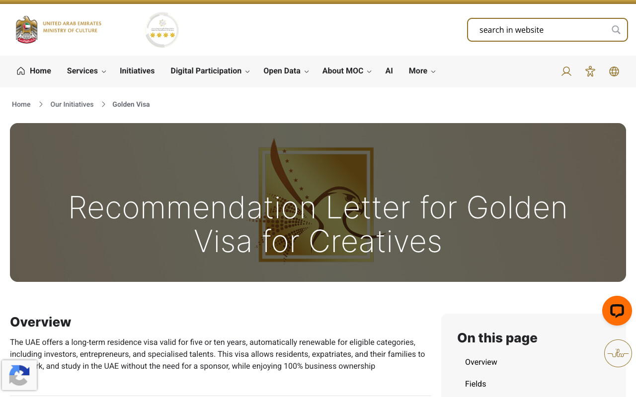 Screenshot of the UAE Ministry of Culture page headed Recommendation Letter for Golden Visa for Creatives, with an overview describing a long-term residence visa valid for five or ten years, automatically renewable for eligible categories including specialised talents, with no sponsor required.