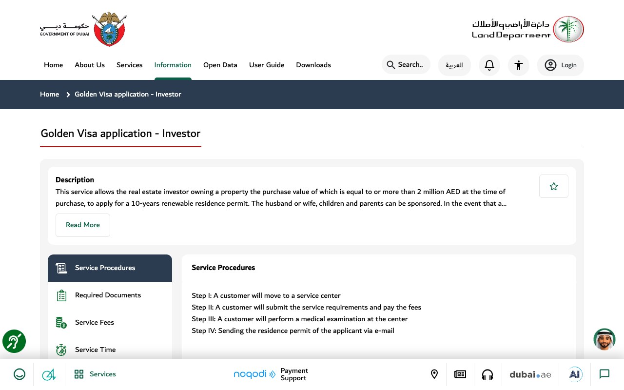 Dubai Land Department's Golden Visa application for investors page, describing a 10-year renewable permit for property purchased at 2 million AED or more.