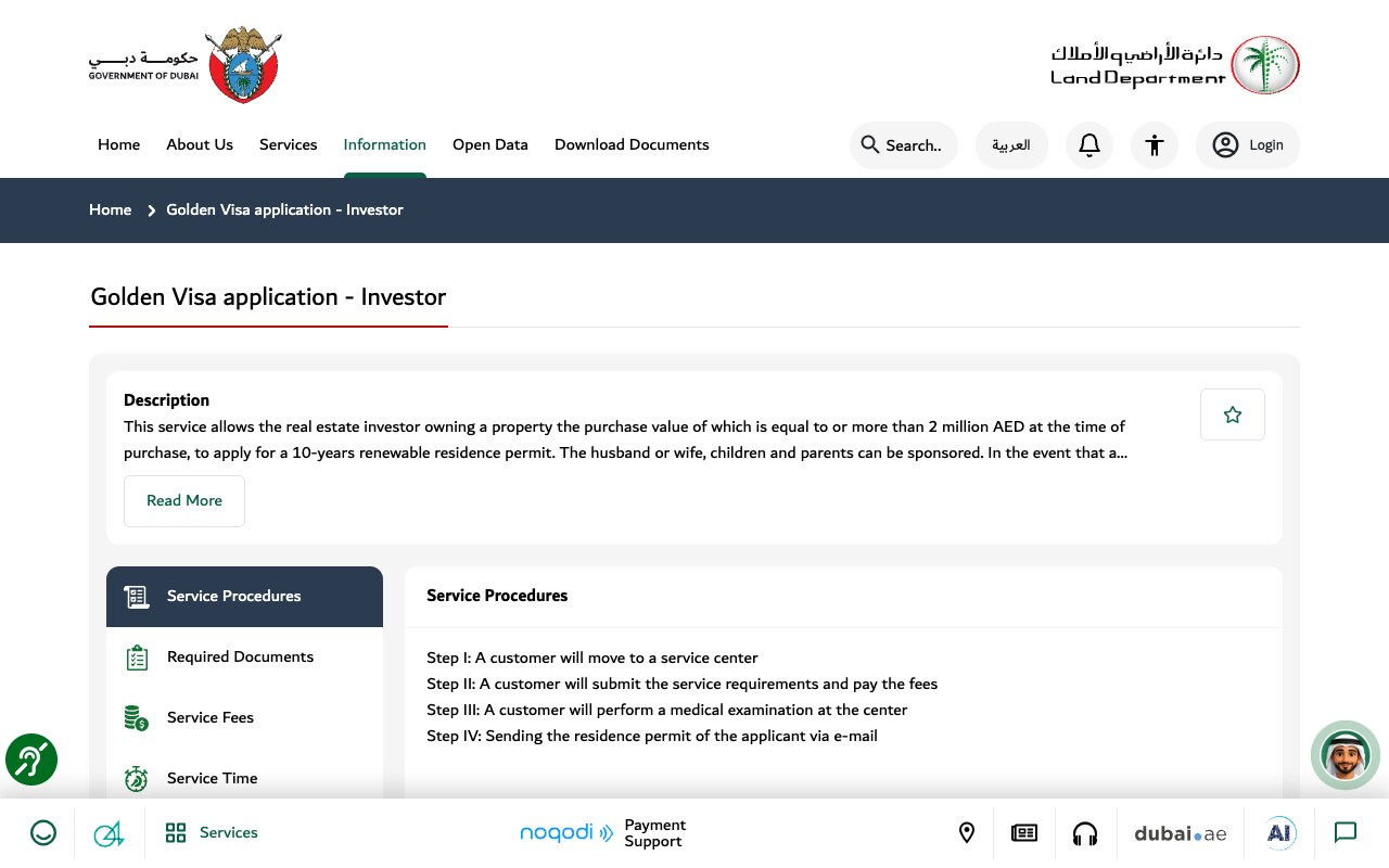 Screenshot of the Dubai Land Department Golden Visa application for Investor service page, describing a 10-year renewable residence permit for a real estate investor owning property worth AED 2 million or more at the time of purchase, with tabs for Service Procedures, Required Documents, Service Fees and Service Time.