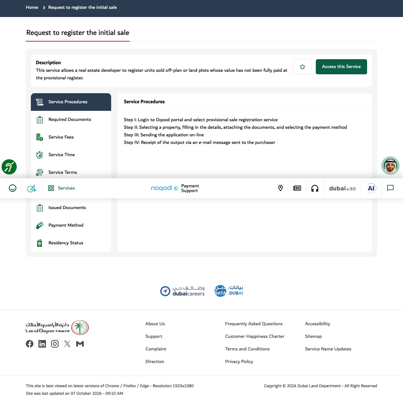 Screenshot of the Dubai Land Department service page Request to register the initial sale, describing a service that allows a real estate developer to register units sold off-plan or land plots whose value has not been fully paid at the provisional register, with Step I reading login to the Oqood portal and select provisional sale registration service.