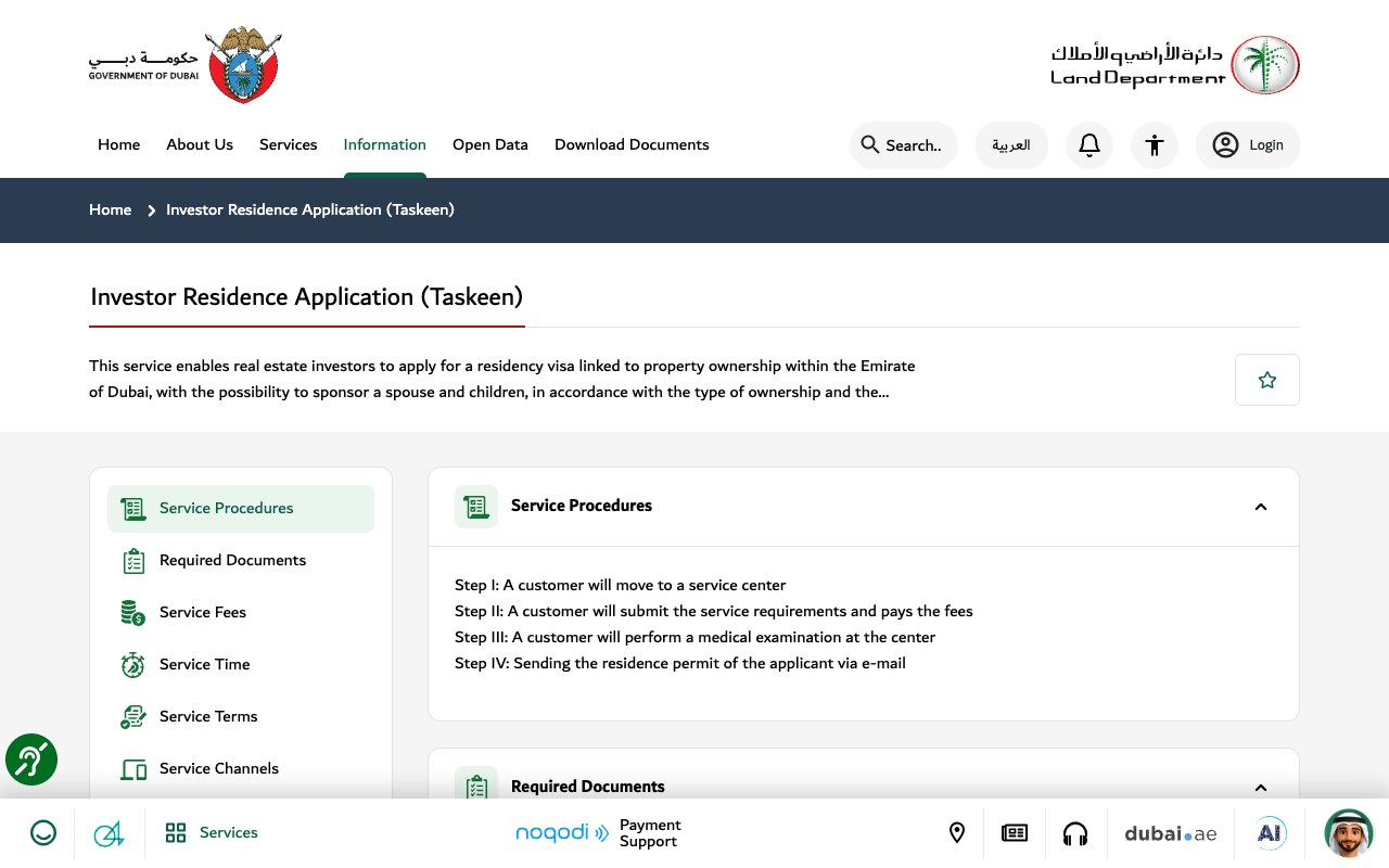 Screenshot of Dubai Land Department's Investor Residence Application (Taskeen) service page, showing the four service procedures: attend a service centre, submit the requirements and pay the fees, perform a medical examination at the centre, and receive the residence permit by email.