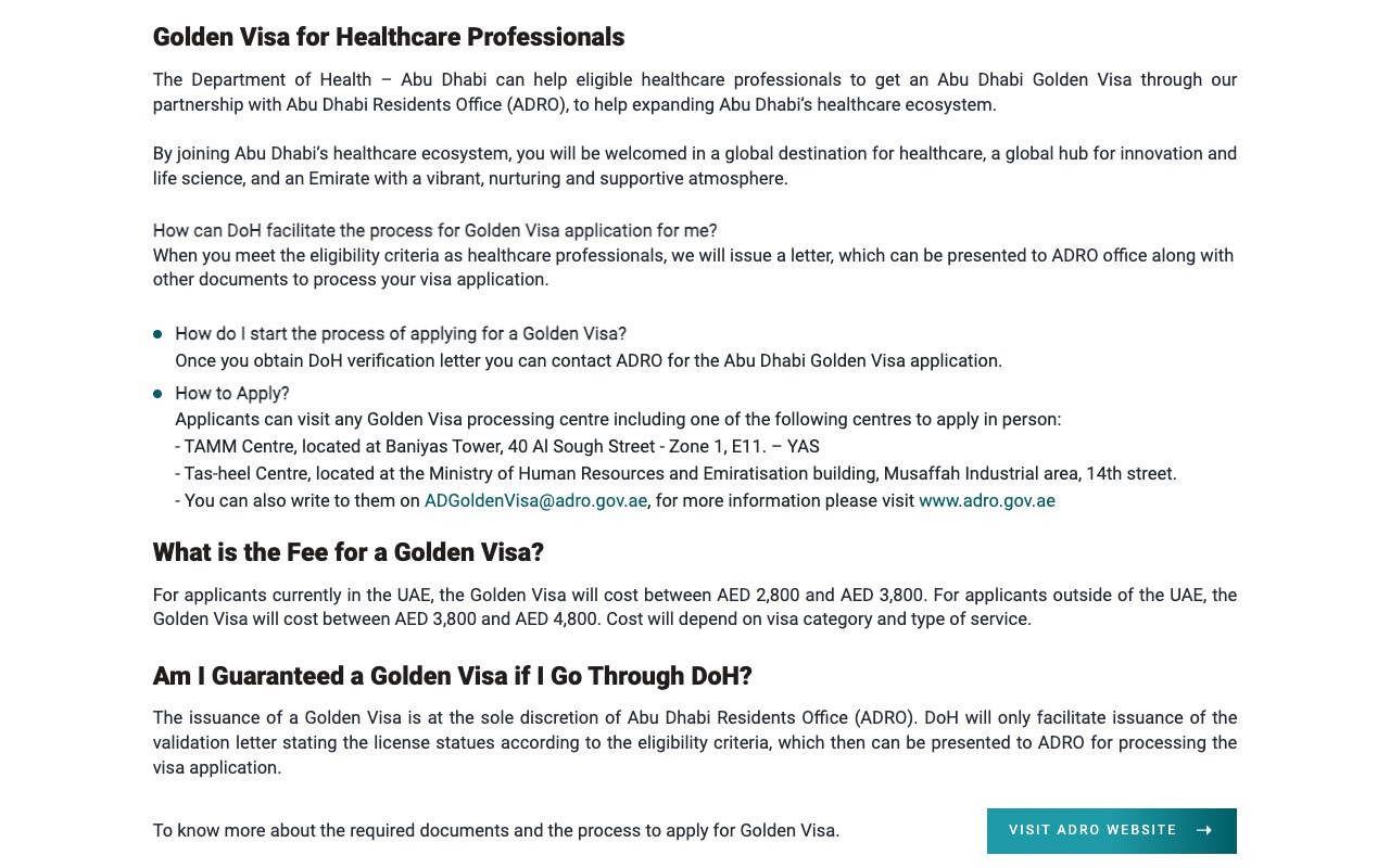 Abu Dhabi Department of Health Golden Visa for Healthcare Professionals page stating that for applicants currently in the UAE the Golden Visa will cost between AED 2,800 and AED 3,800, for applicants outside the UAE between AED 3,800 and AED 4,800, that cost depends on visa category and type of service, and that issuance is at the sole discretion of the Abu Dhabi Residents Office with DoH only facilitating a validation letter.