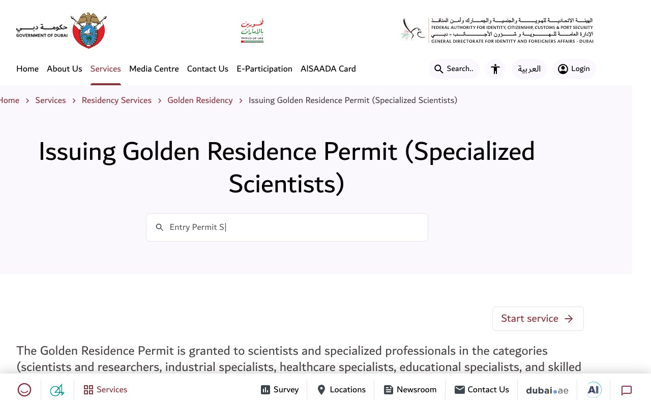 Screenshot of the GDRFA Dubai service page headed Issuing Golden Residence Permit (Specialized Scientists), under the Residency Services and Golden Residency breadcrumb, describing the permit as granted to scientists and specialized professionals including scientists and researchers, industrial specialists, healthcare specialists and educational specialists.