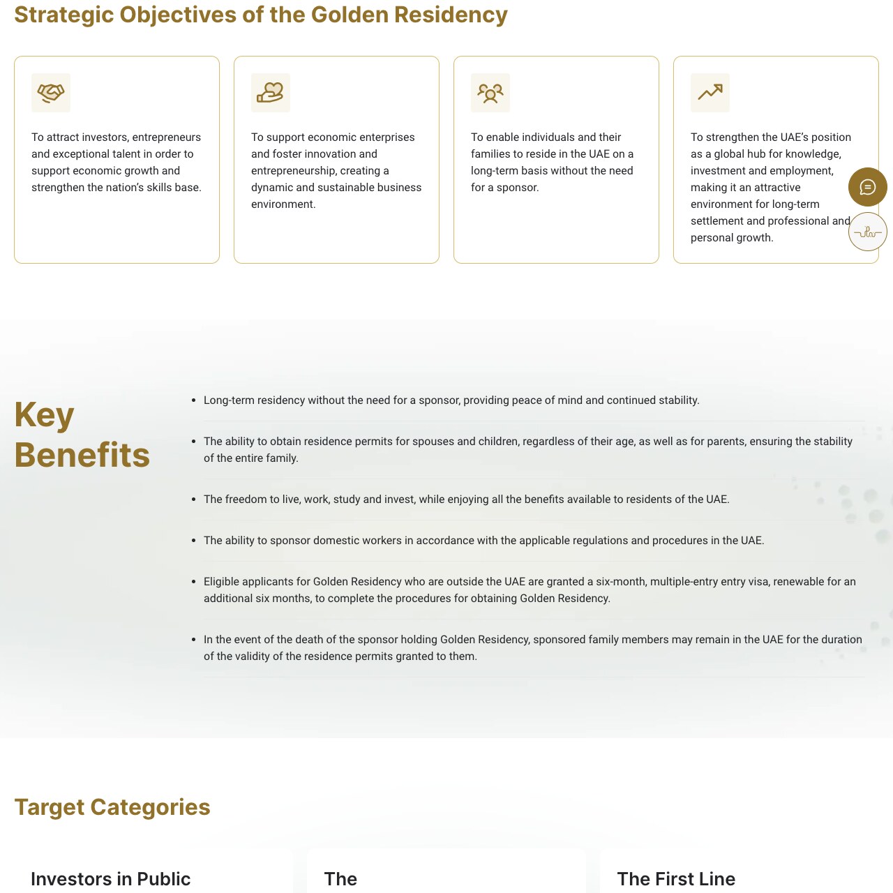 Screenshot of the ICP Golden Residency Guide, showing Strategic Objectives of the Golden Residency and a Key Benefits list whose second bullet reads that the Golden Residency gives the ability to obtain residence permits for spouses and children, regardless of their age, as well as for parents, ensuring the stability of the entire family, alongside bullets on long-term residency without a sponsor, the freedom to live, work, study and invest, the ability to sponsor domestic workers, a six-month multiple-entry entry visa renewable for a further six months, and family members remaining in the UAE if the sponsor dies.