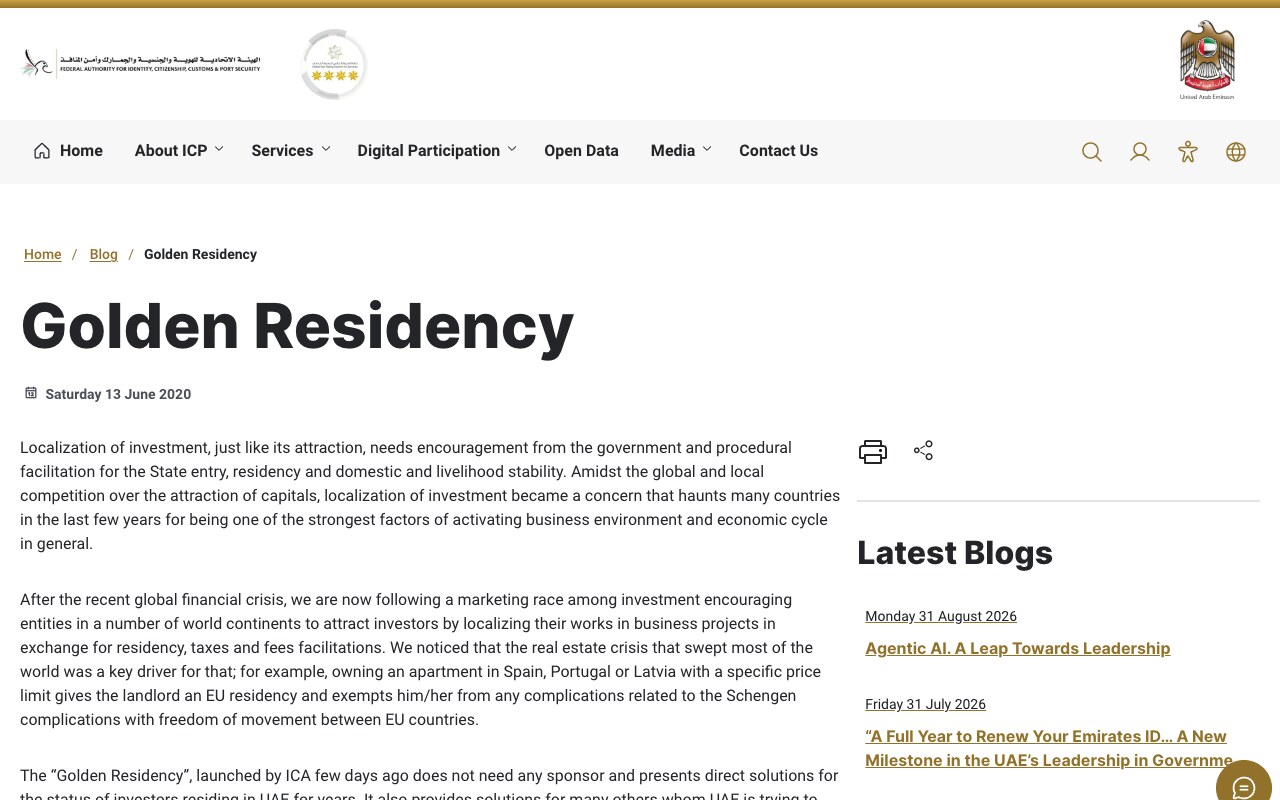Screenshot of the Federal Authority for Identity, Citizenship, Customs and Port Security page headed Golden Residency, describing the Golden Residency launched by ICA as needing no sponsor and running for a period of 5 to 10 years according to the volume of an investor's capital.