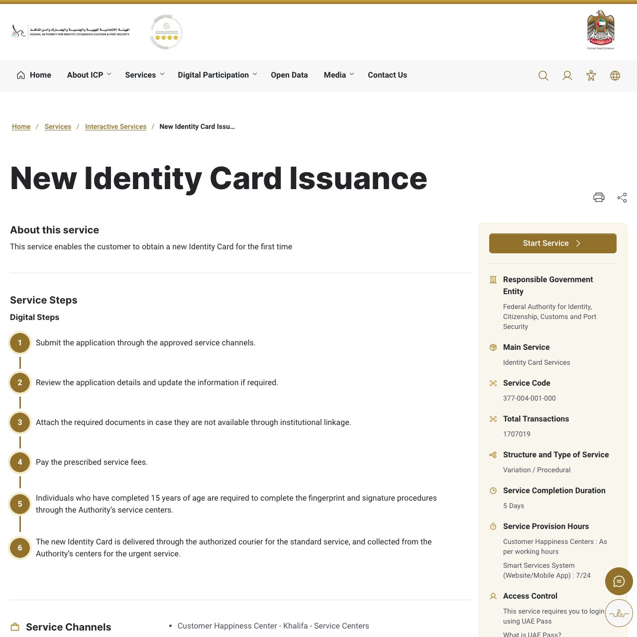Screenshot of the ICP New Identity Card Issuance service page showing a service completion duration of 5 days, service code 377-004-001-000, and a step requiring individuals aged 15 and over to complete fingerprint and signature procedures at the Authority's service centres.