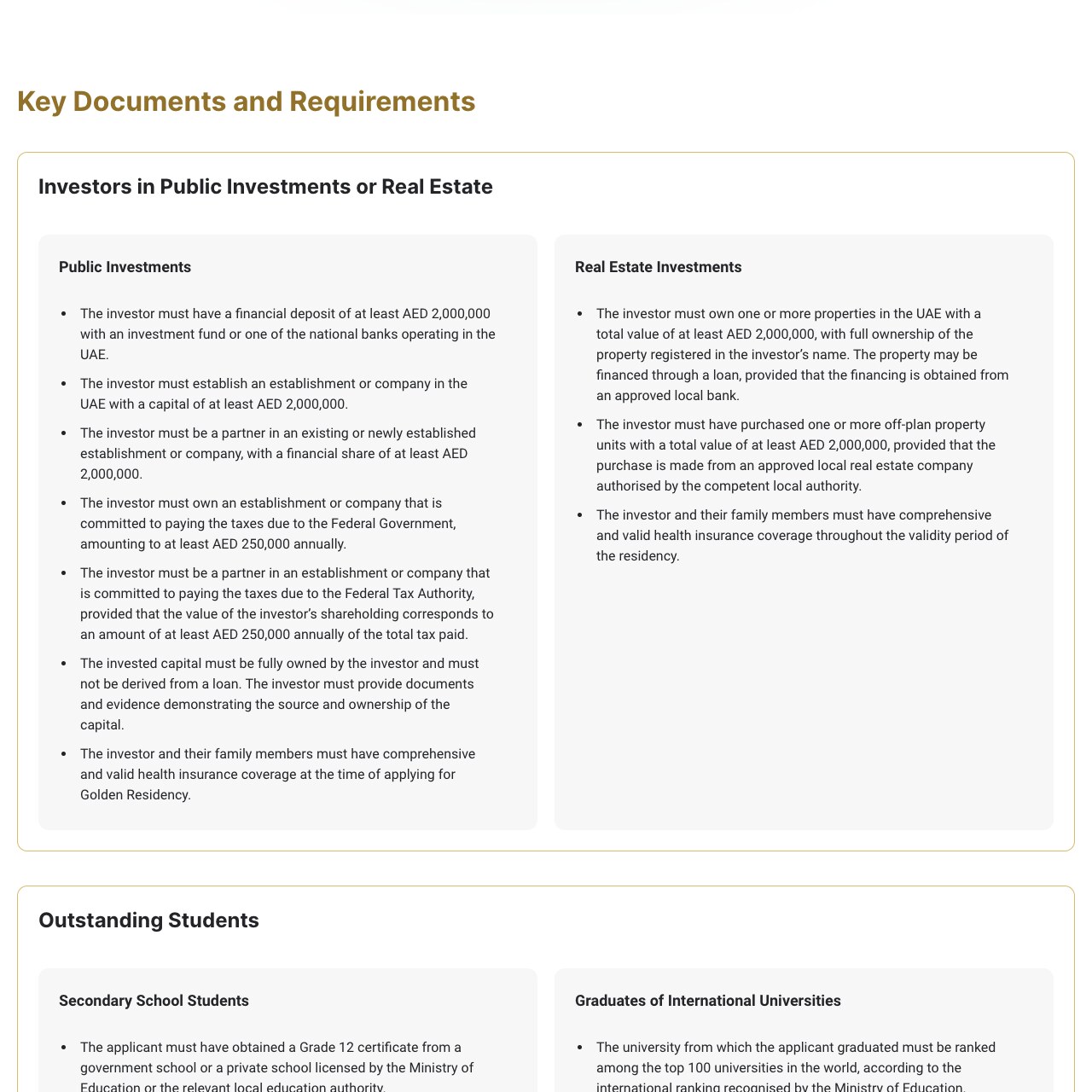 Screenshot of the ICP Golden Residency Guide under Key Documents and Requirements, Real Estate Investments, stating that the investor must have purchased one or more off-plan property units with a total value of at least AED 2,000,000, provided that the purchase is made from an approved local real estate company authorised by the competent local authority, with no payment percentage attached.