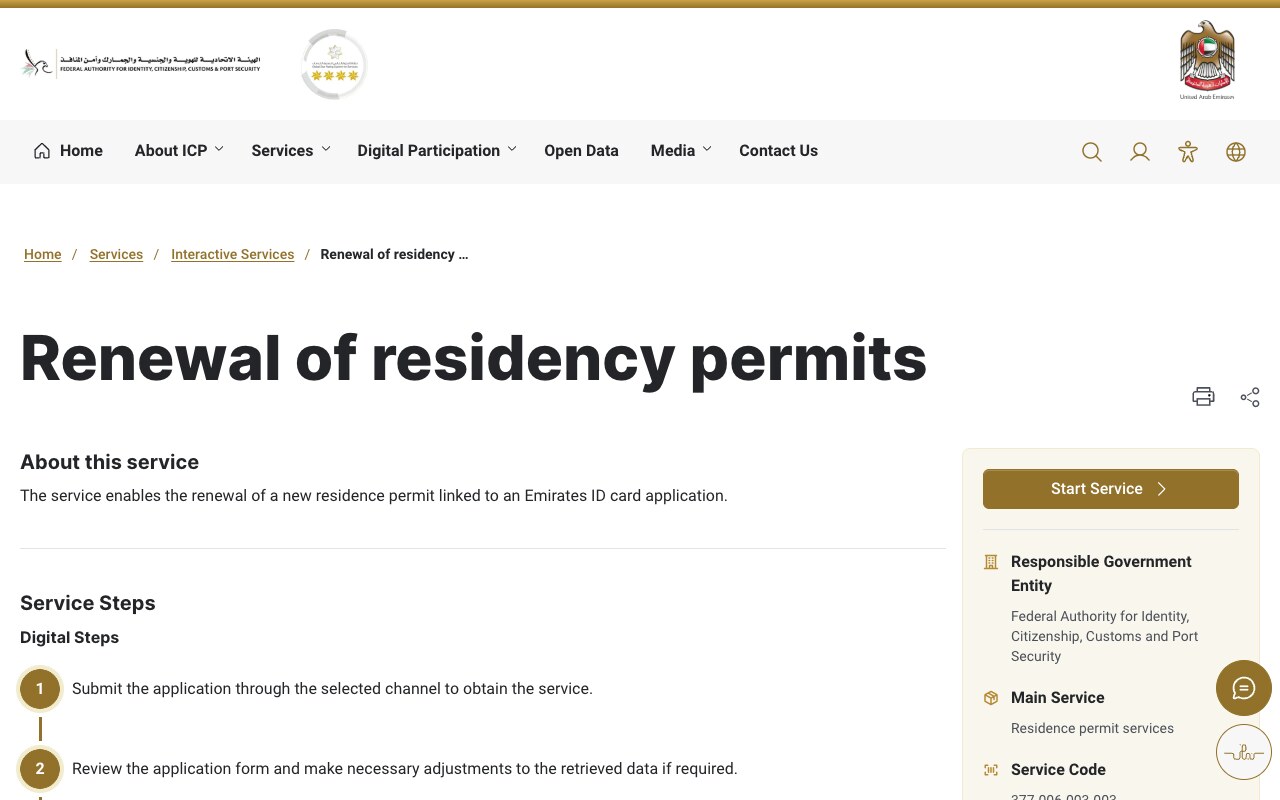 The ICP Renewal of residency permits service page, the federal source for the AED 100 application, AED 100 per year and AED 100 smart service fee lines.