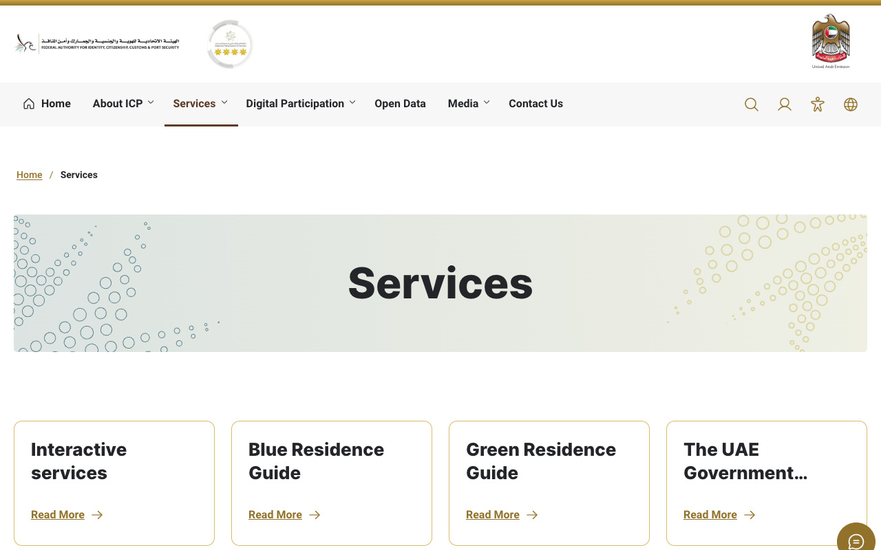 Screenshot of the services page of the Federal Authority for Identity, Citizenship, Customs and Port Security, the authority whose New Identity Card Issuance schedule prices the Emirates ID at AED 100 for each year of residence plus AED 100 in smart service fees