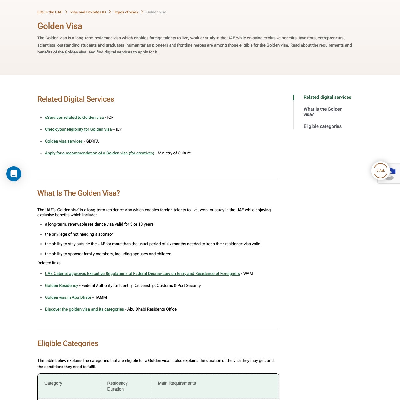 Screenshot of the UAE Government's Golden Visa page showing the long-term five or ten year residence visa, the no-sponsor privilege, and the start of the eligible categories table.