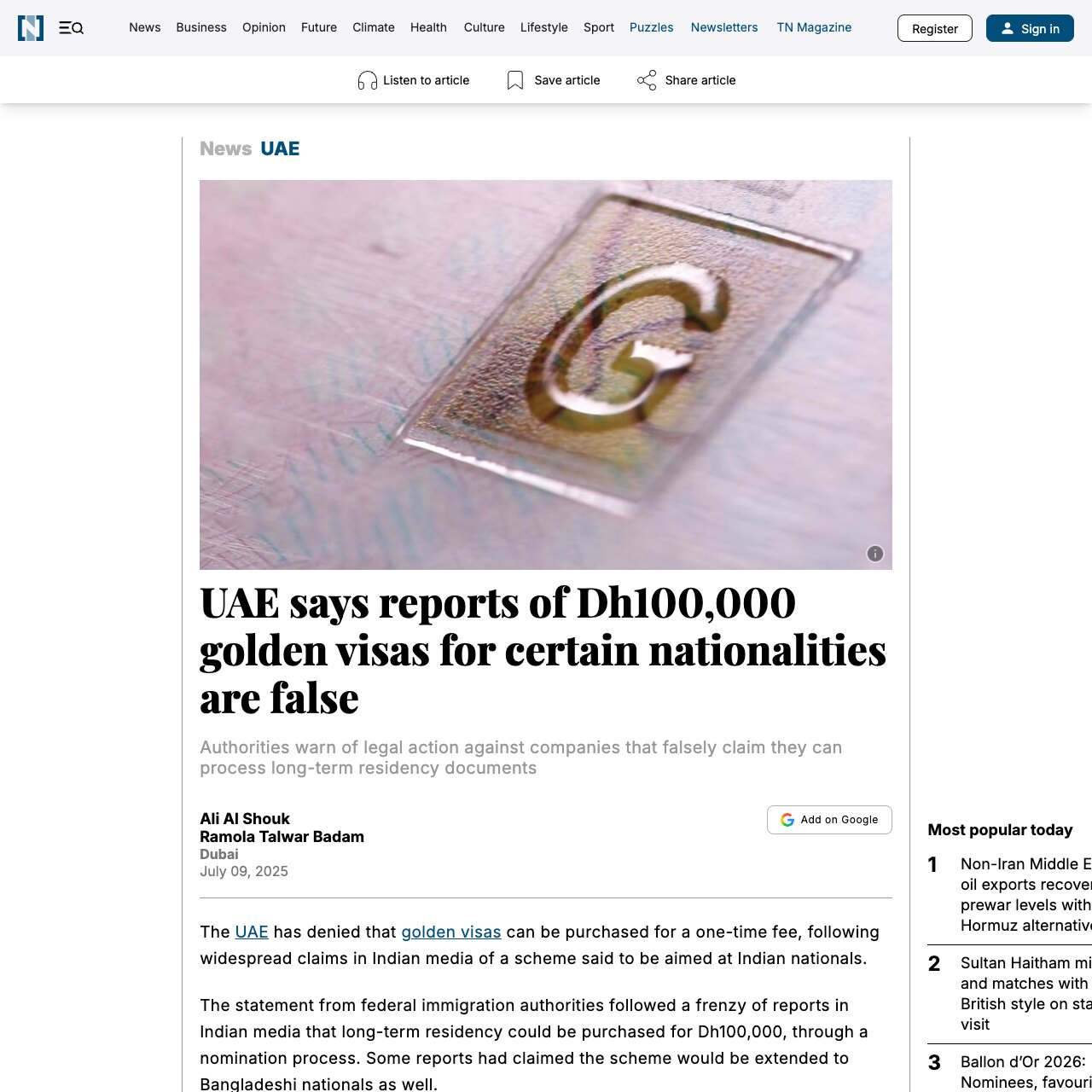 Screenshot of The National's report headlined UAE says reports of Dh100,000 golden visas for certain nationalities are false, dated 9 July 2025, with the standfirst warning of legal action against companies that falsely claim they can process long-term residency documents.