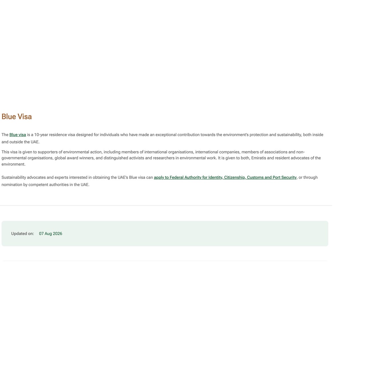 Screenshot of the official UAE government platform Blue Visa page describing a 10-year residence visa for exceptional contribution to the environment, with an Updated on date of 07 Aug 2026.