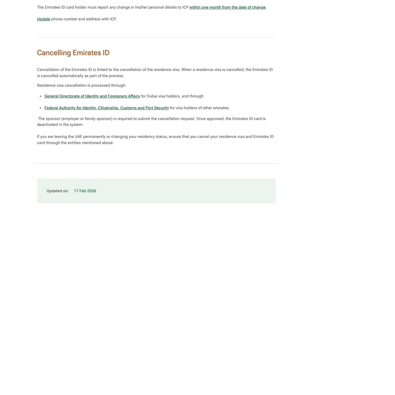 Screenshot of the official UAE government platform Emirates ID page under the heading Cancelling Emirates ID, stating that cancellation of the Emirates ID is linked to the cancellation of the residence visa and that when a residence visa is cancelled the Emirates ID is cancelled automatically as part of the process, with the page last updated on 17 Feb 2026.