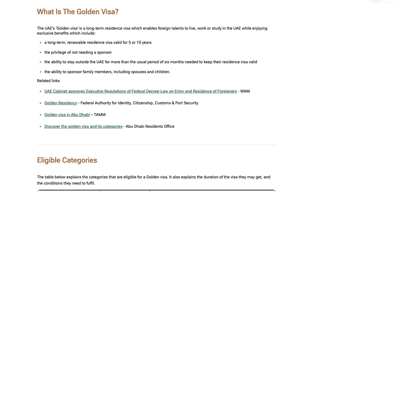 Screenshot of the official UAE government platform Golden Visa page listing the benefits, including a long-term renewable residence visa valid for 5 or 10 years, the privilege of not needing a sponsor, the ability to stay outside the UAE for more than the usual period of six months needed to keep a residence visa valid, and the ability to sponsor family members.