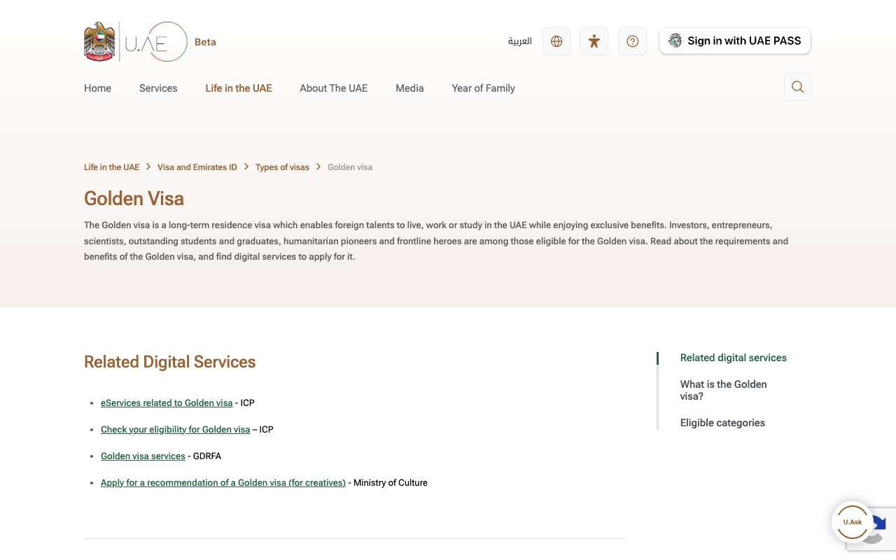 The u.ae Golden Visa category page, the federal table that states five years for real estate investments where Abu Dhabi states ten.