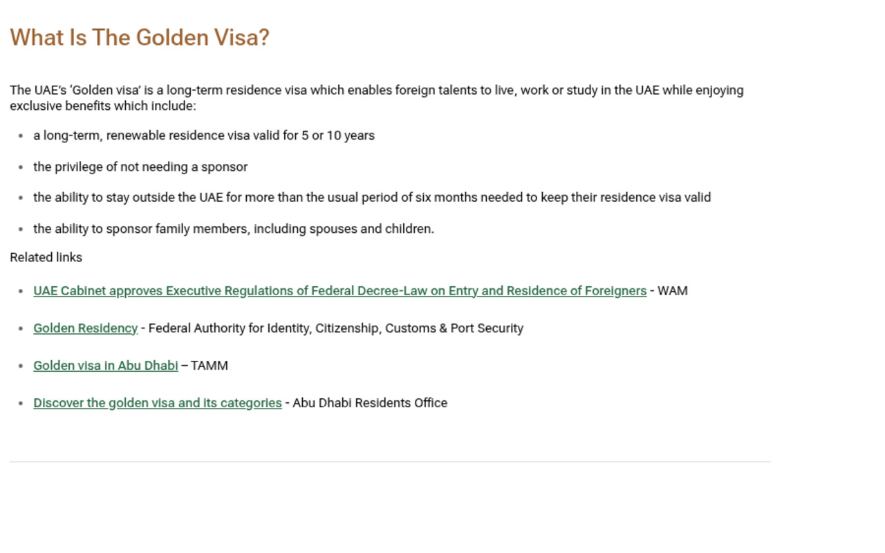 Screenshot of the official u.ae Golden Visa page stating that the Golden visa is a long-term renewable residence visa valid for 5 or 10 years, with the privilege of not needing a sponsor