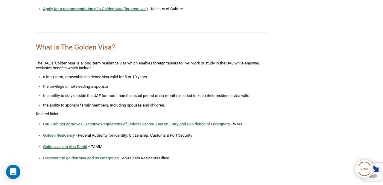 Screenshot of the What Is The Golden Visa section on u.ae, stating that the Golden visa is a long-term, renewable residence visa valid for 5 or 10 years, carries the privilege of not needing a sponsor, allows stays outside the UAE beyond the usual six months, and allows sponsoring family members including spouses and children.