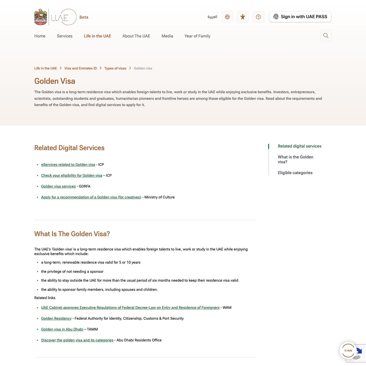 u.ae official portal Golden Visa page listing investors, entrepreneurs, scientists, outstanding students and humanitarian pioneers as eligible, with links to ICP and GDRFA services.