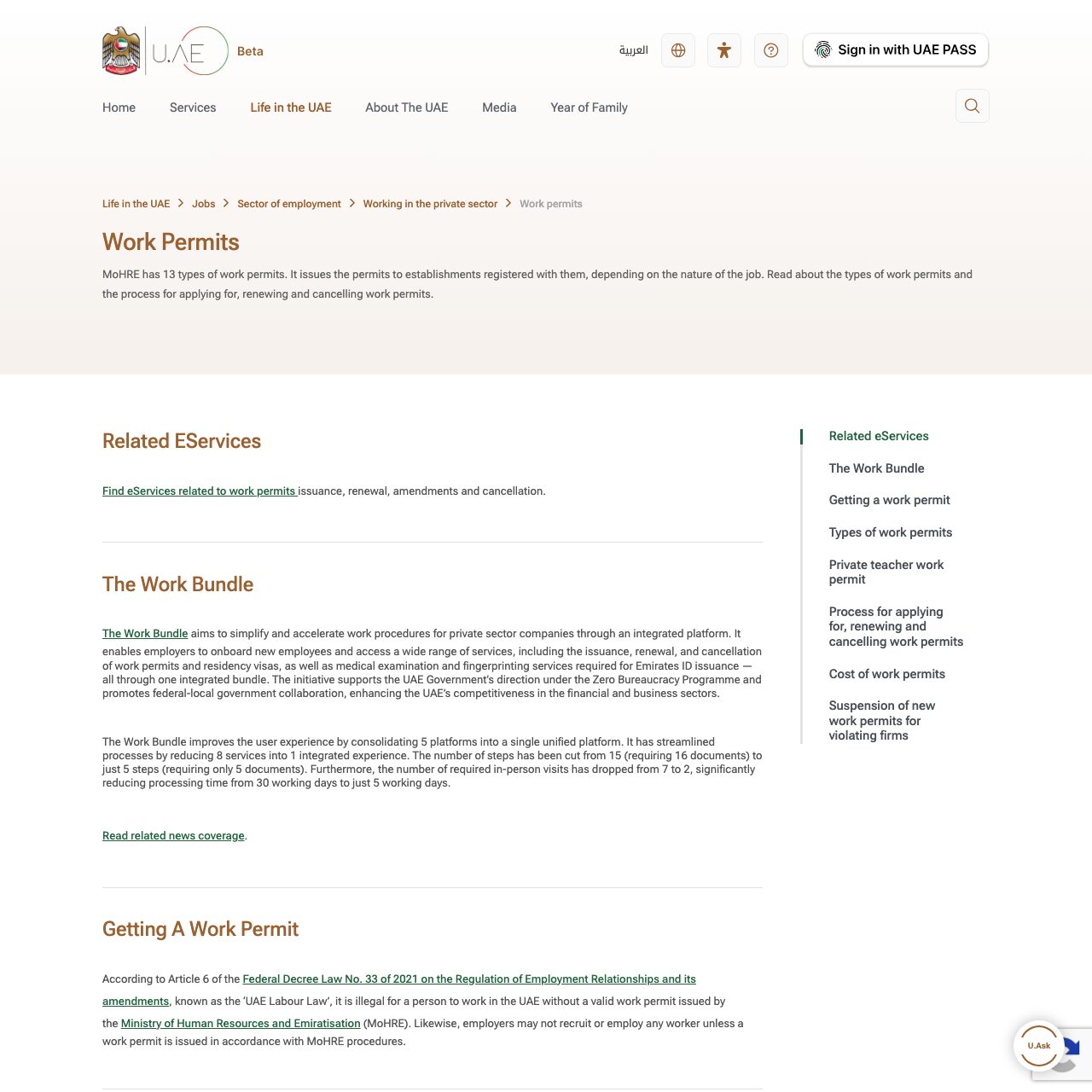 u.ae official portal Work Permits page stating MoHRE has 13 types of work permits, with sections on getting a work permit, types of work permits and cost of work permits.