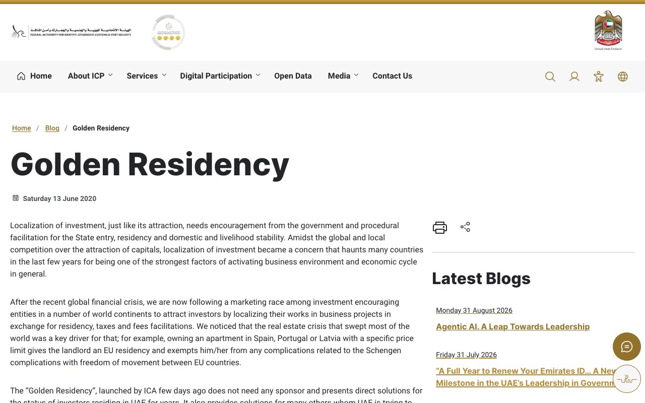 Screenshot of the Golden Residency page on icp.gov.ae, the site of the Federal Authority for Identity, Citizenship, Customs and Port Security, the authority behind the AED 300 schedule.