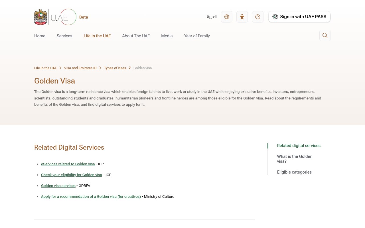 Screenshot of the Golden Visa page on u.ae, the official platform of the UAE government, setting out the long-term residence visa and the related digital services at the ICP and GDRFA.