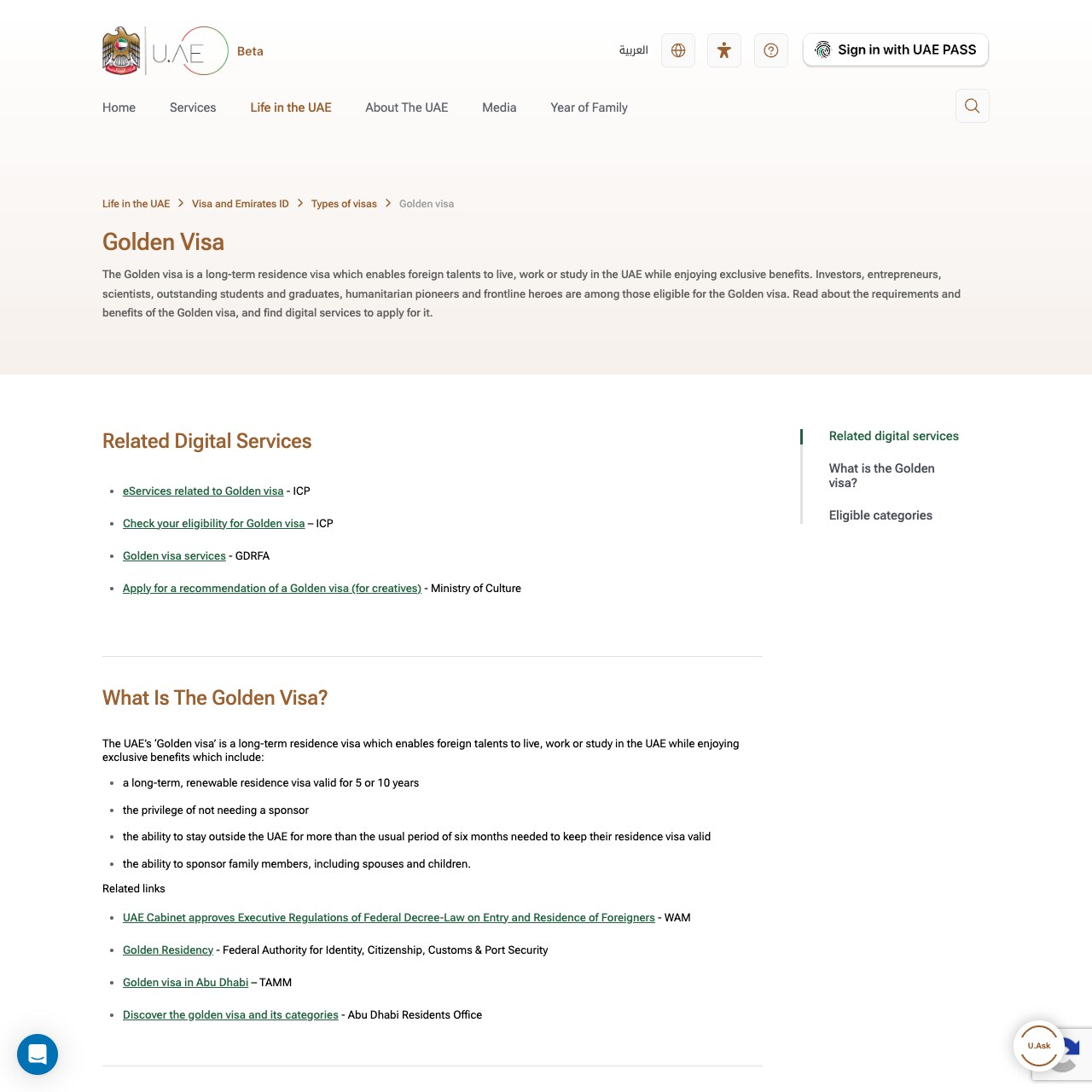 Screenshot of the official UAE government portal's Golden Visa page under a Life in the UAE, Visa and Emirates ID, Types of visas breadcrumb, describing the Golden visa as a long-term residence visa for foreign talents and listing its benefits as a long-term renewable residence visa valid for 5 or 10 years, the privilege of not needing a sponsor, the ability to stay outside the UAE for more than the usual six months, and the ability to sponsor family members including spouses and children.