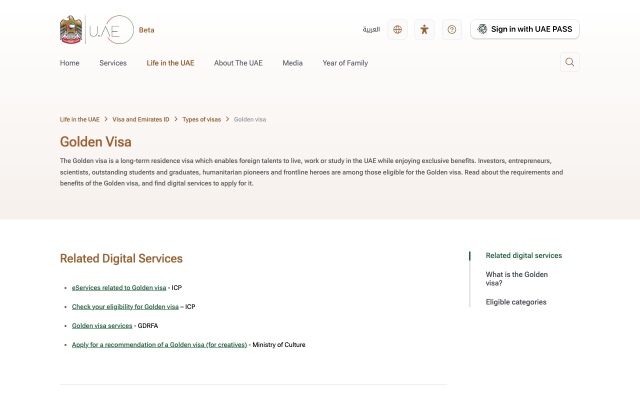 Screenshot of the UAE Government portal's Golden Visa page under the Life in the UAE, Visa and Emirates ID, Types of visas breadcrumb, listing Related Digital Services as eServices related to Golden visa from ICP, Check your eligibility for Golden visa from ICP, Golden visa services from GDRFA and Apply for a recommendation of a Golden visa for creatives from the Ministry of Culture, above a What Is The Golden Visa section.