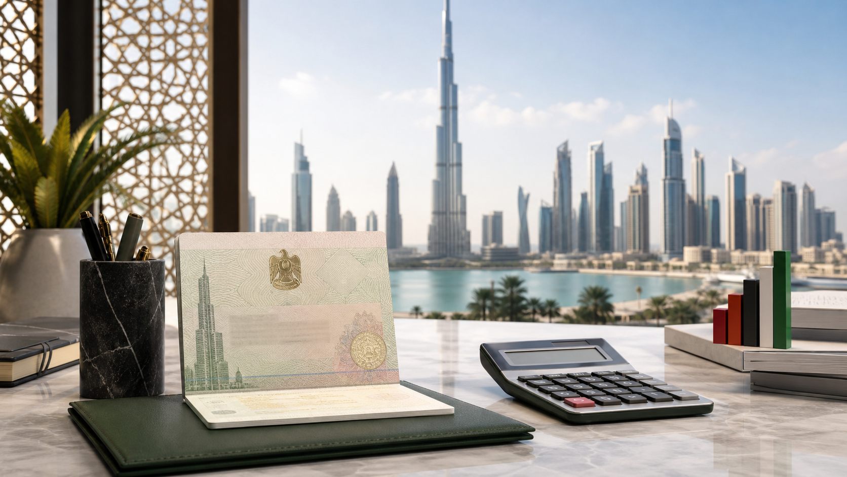 Dubai skyline with UAE residence visa planning documents and cost calculator.